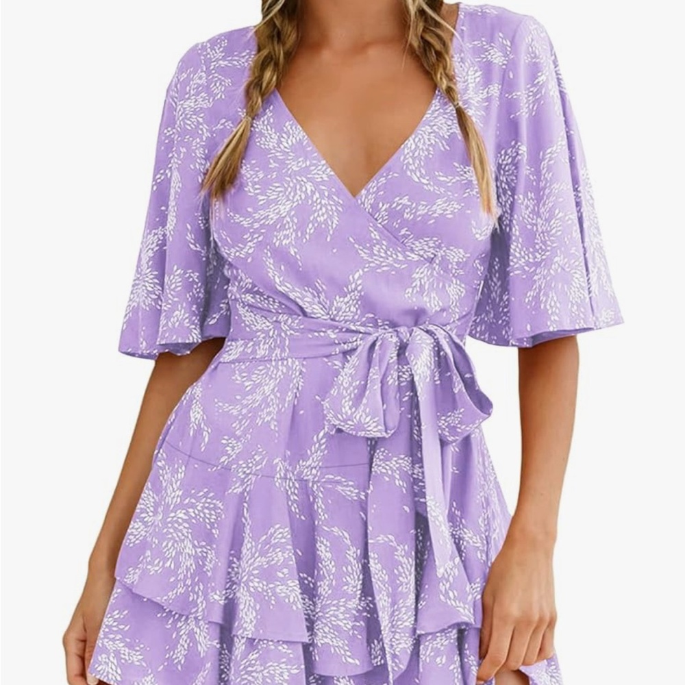 Lavender Wrap Romper Dress with Floral Pattern